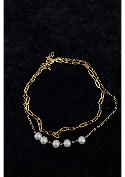 Altın Renk Beş Incili Model Ezme ve Sf Zincir Çelik Halhal - 3242 fırsatları