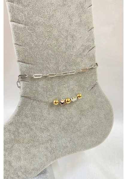 Gümüş Renk Küre Yıldız Model Esme ve Sf Zincir Çelik Halhal - 3281