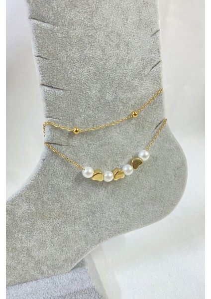 Altın Renk Inci Kalp Model Top ve Sf Zincir Çelik Halhal - 3247