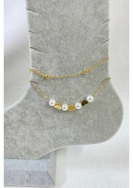 Altın Renk Inci Kalp Model Top ve Sf Zincir Çelik Halhal - 3247 fiyatları