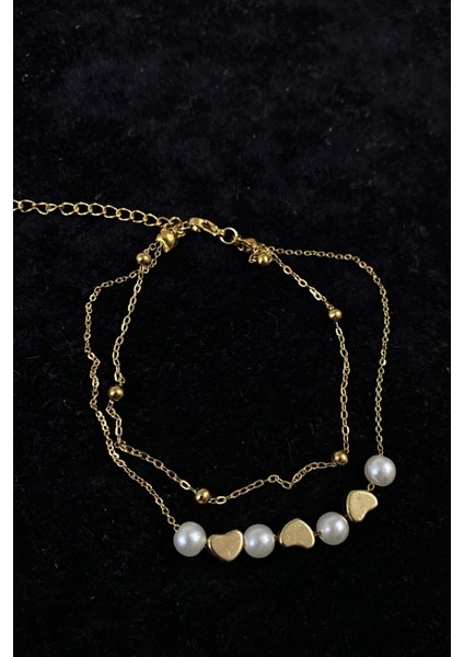 Altın Renk Inci Kalp Model Top ve Sf Zincir Çelik Halhal - 3247 modelleri