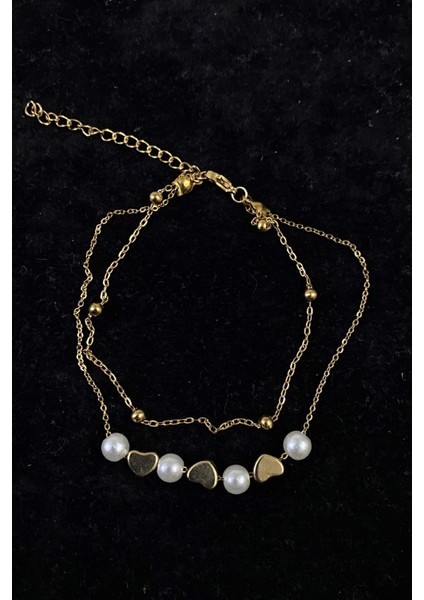 Altın Renk Inci Kalp Model Top ve Sf Zincir Çelik Halhal - 3247 fırsatları