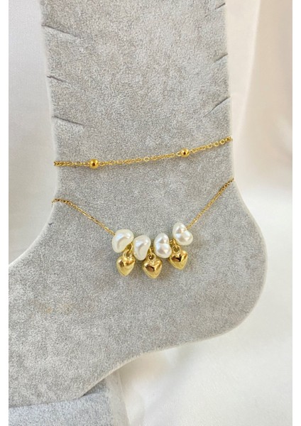 Altın Renk Kalp Barok Model Top ve Sf Zincir Çelik Halhal - 3228