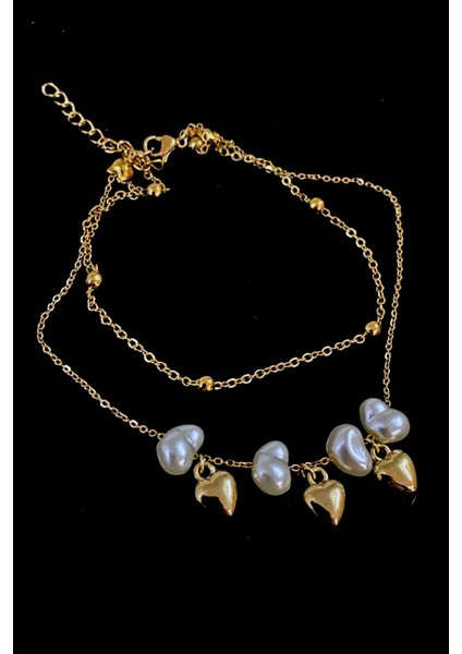 Altın Renk Kalp Barok Model Top ve Sf Zincir Çelik Halhal - 3228 modelleri