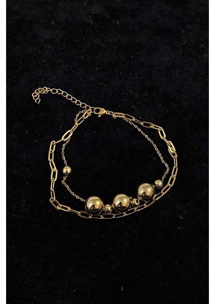 Altın Renk Küre Model Ezme ve Sf Zincir Çelik Halhal - 3236