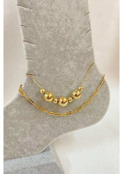 Altın Renk Küre Model Ezme ve Sf Zincir Çelik Halhal - 3236 fiyatları