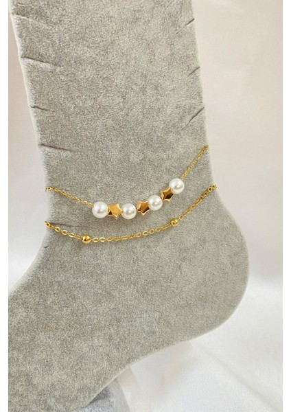 Altın Renk Inci Yıldız Model Top ve Sf Zincir Çelik Halhal - 3271