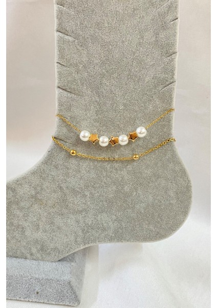 Altın Renk Inci Yıldız Model Top ve Sf Zincir Çelik Halhal - 3271 fiyatları