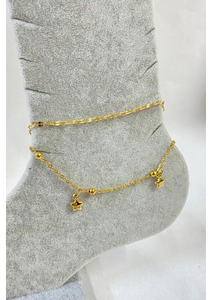 Altın Renk Yıldız Model Singapur ve Top Zincir Çelik Halhal - 3250 fırsatları