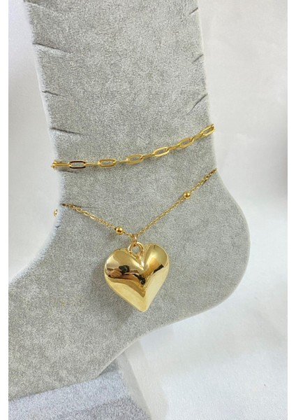 Altın Renk Kalp Model Ezme ve Top Zincir Çelik Halhal - 3253
