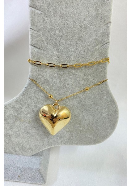 Altın Renk Kalp Model Ezme ve Top Zincir Çelik Halhal - 3253 fiyatları