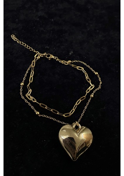 Altın Renk Kalp Model Ezme ve Top Zincir Çelik Halhal - 3253 modelleri