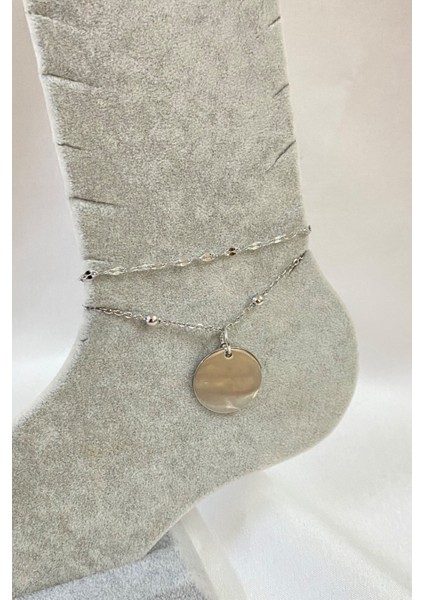 Gümüş Renk Pul Model Singapur ve Top Zincir Çelik Halhal - 3268