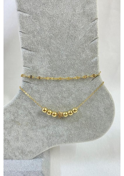 Altın Renk Küre Yıldız Model Singapur ve Sf Zincir Çelik Halhal - 3248