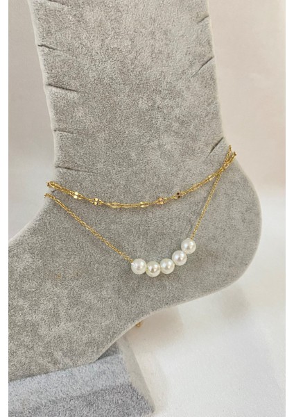 Altın Renk Beş Incili Model Singapur ve Sf Zincir Çelik Halhal - 3226