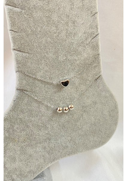 Gümüş Renk Top Kalp Model Sf ve Sf Zincir Çelik Halhal - 3284