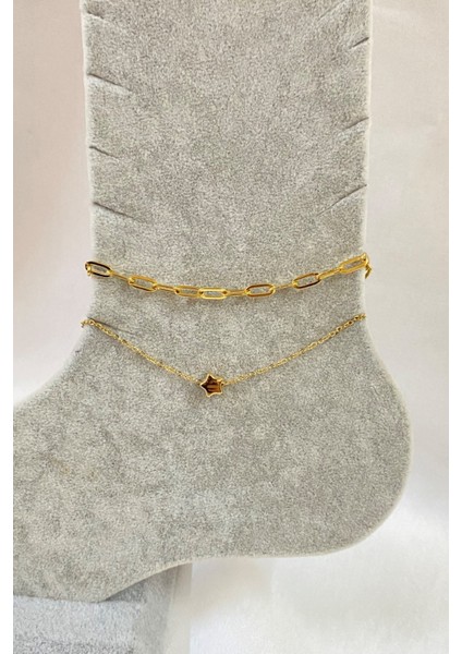 Altın Renk Yıldız Model Esme ve Sf Zincir Çelik Halhal - 3279