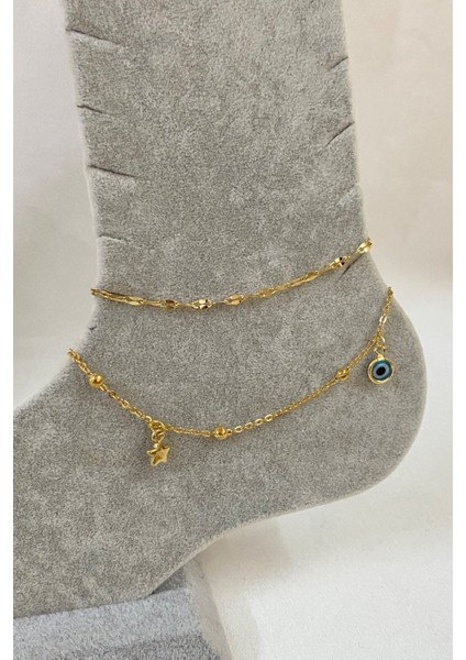 Altın Renk Zirkon Yıldız Nazar Model Singapur ve Top Zincir Çelik Halhal - 3230