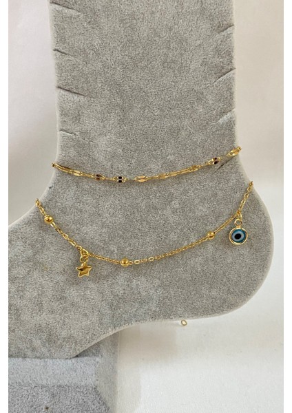 Altın Renk Zirkon Yıldız Nazar Model Singapur ve Top Zincir Çelik Halhal - 3230 fiyatları