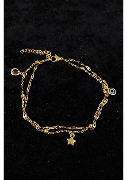 Altın Renk Zirkon Yıldız Nazar Model Singapur ve Top Zincir Çelik Halhal - 3230 modelleri