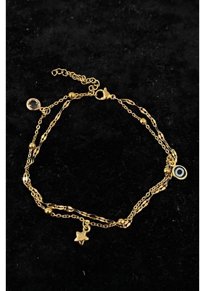 Altın Renk Zirkon Yıldız Nazar Model Singapur ve Top Zincir Çelik Halhal - 3230 fırsatları