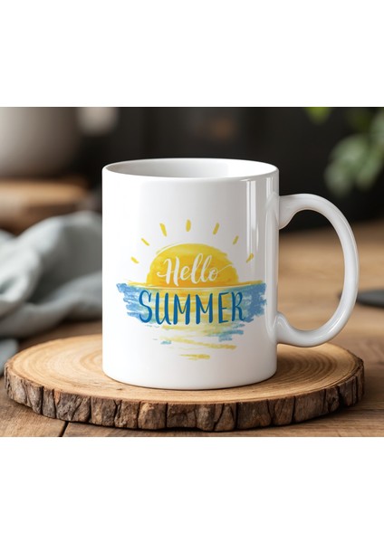 Hello Summer Yazı Tasarımlı Beyaz Seramik Baskılı Kupa Bardak 330 ml