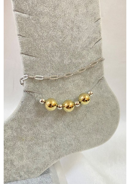 Gümüş Renk Küre Model Ezme ve Top Zincir Çelik Halhal - 3283