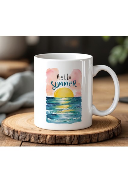Hello Summer Görsel Tasarımlı Beyaz Seramik Baskılı Kupa Bardak 330 ml