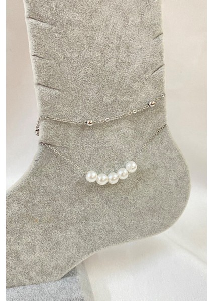 Gümüş Renk Beş Incili Model Top ve Sf Zincir Çelik Halhal - 3272