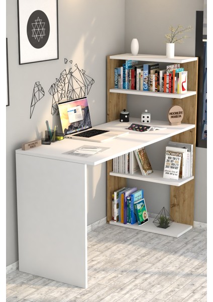 Çınar Kitaplıklı Çalışma Masası Beyaz Çam