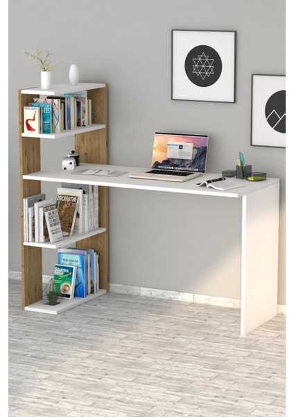 Çınar Kitaplıklı Çalışma Masası Beyaz Çam