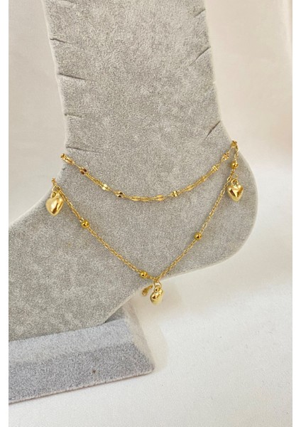 Altın Renk Üç Kalpli Model Singapur ve Top Zincir Çelik Halhal - 3227