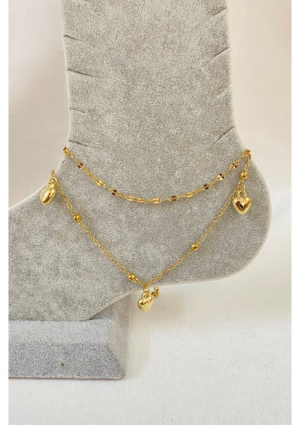 Altın Renk Üç Kalpli Model Singapur ve Top Zincir Çelik Halhal - 3227 modelleri