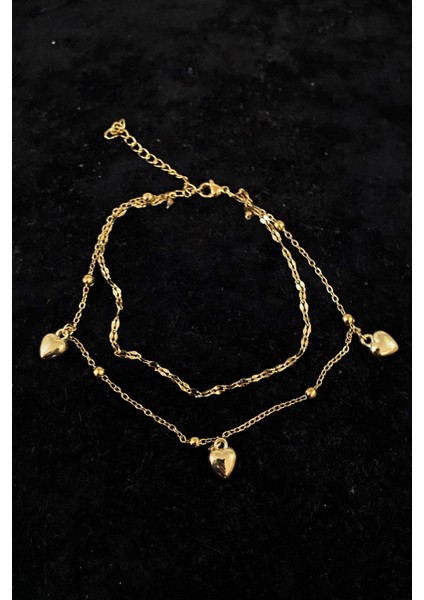 Altın Renk Üç Kalpli Model Singapur ve Top Zincir Çelik Halhal - 3227 fırsatları