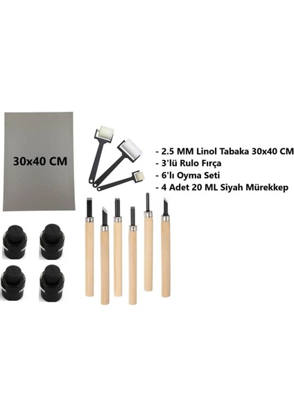 Linol Tabaka Levha 2.5 mm 30X40 cm , Siyah Mürekkep , 3'lü Sünger Rulo Merdane , 6'lı Oyma Seti