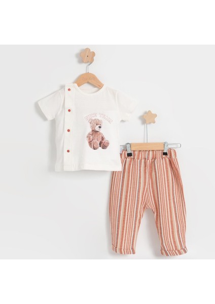 Erkek Bebek Çizgili Teddy Yazlık Müslin Takım