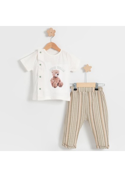 Erkek Bebek Çizgili Teddy Yazlık Müslin Takım