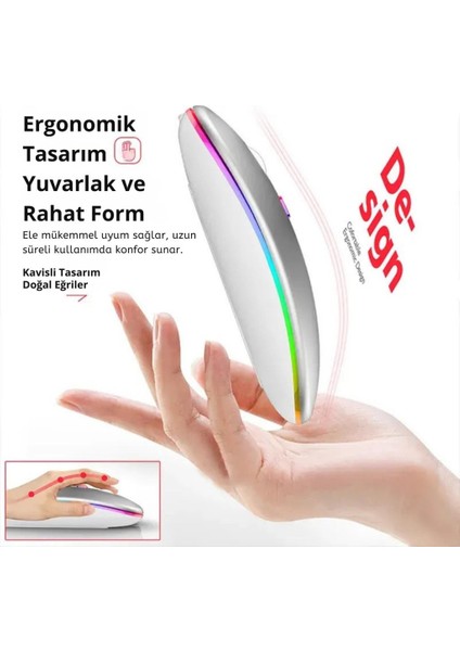 Şarjlı Rgb Işıklı Çift Modlu Kablosuz Mouse, Laptop, Tablet, Telefon, Tv Uyumlu Mouse Süper Sessiz