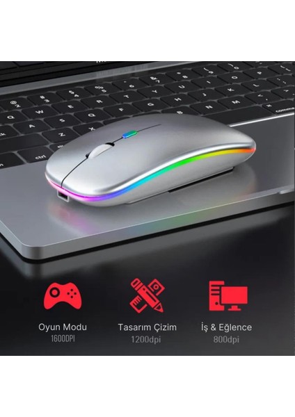 Şarjlı Rgb Işıklı Çift Modlu Kablosuz Mouse, Laptop, Tablet, Telefon, Tv Uyumlu Mouse Süper Sessiz