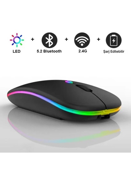 Şarjlı Rgb Işıklı Çift Modlu Kablosuz Mouse, Laptop, Tablet, Telefon, Tv Uyumlu Mouse Süper Sessiz