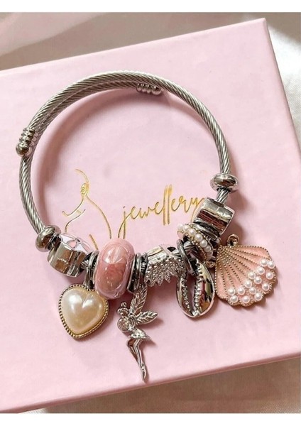 Gümüş Renk Pembe Deniz Kabuğu Charmlı Pandora Çelik Bileklik - 3159