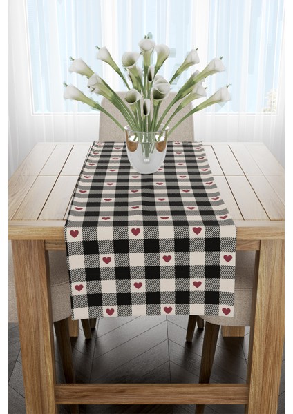 Kırmızı Siyah Kare Kalp Desenli Runner 40X220CM
