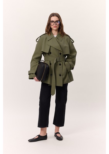 Kruvaze Kesim Kısa Trençkot Yeşil