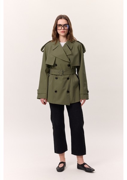 Kruvaze Kesim Kısa Trençkot Yeşil modelleri