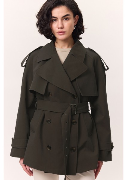 Kruvaze Kesim Kısa Trençkot Vizon modelleri