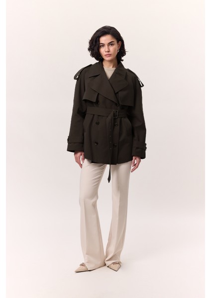 Kruvaze Kesim Kısa Trençkot Vizon fırsatları