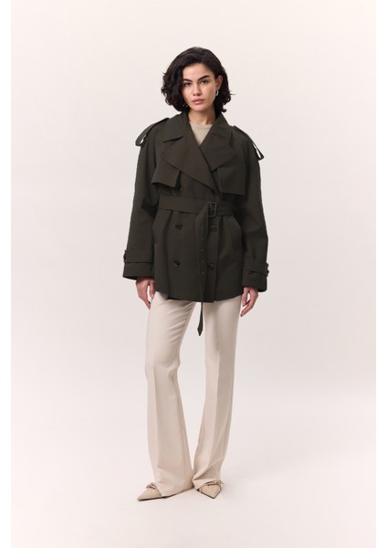 Kruvaze Kesim Kısa Trençkot Vizon indirimleri