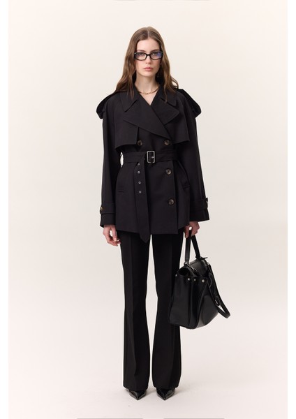 Kruvaze Kesim Kısa Trençkot Siyah modelleri