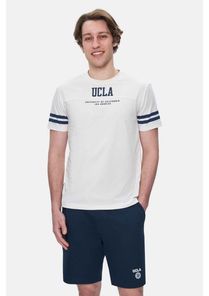 Stark Gök Mavi Kolu Şeritli Bisiklet Yaka Baskılı Standard Fit Erkek Tshirt