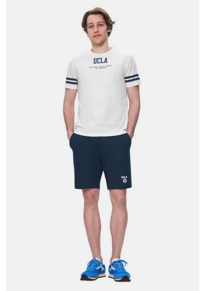 Stark Gök Mavi Kolu Şeritli Bisiklet Yaka Baskılı Standard Fit Erkek Tshirt